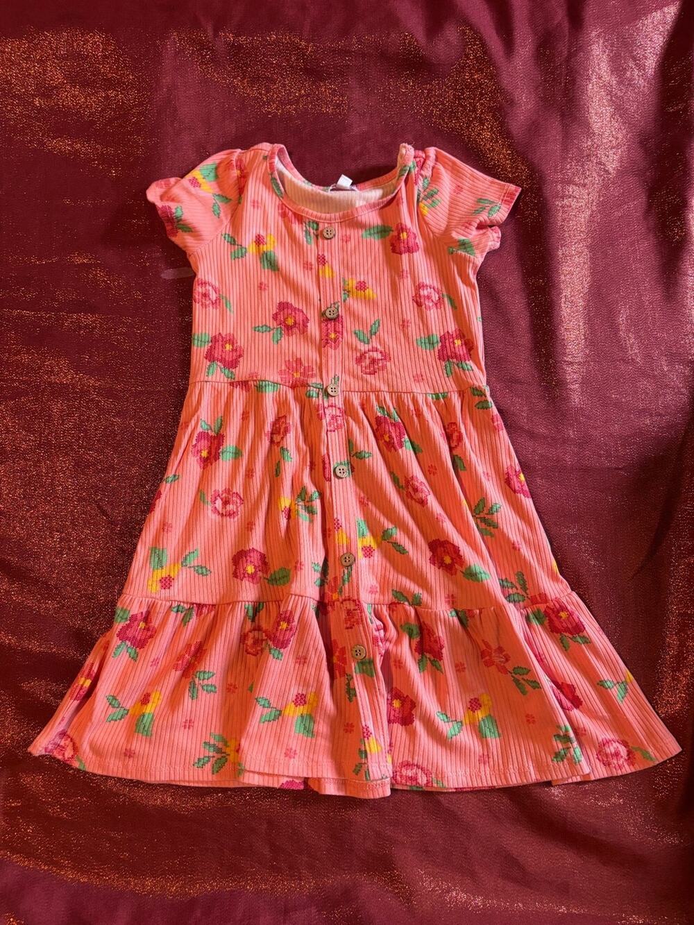 Tween Girls Dress Pink Floral Short Sleeve Tiered Button Front Ribbed